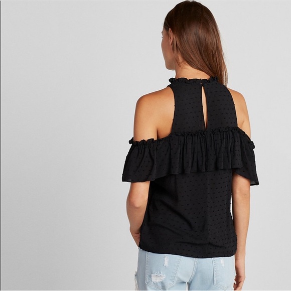 NWT EXPRESS Black High Neck Ruffle Cold Shoulder Blouse XS - Picture 2 of 3